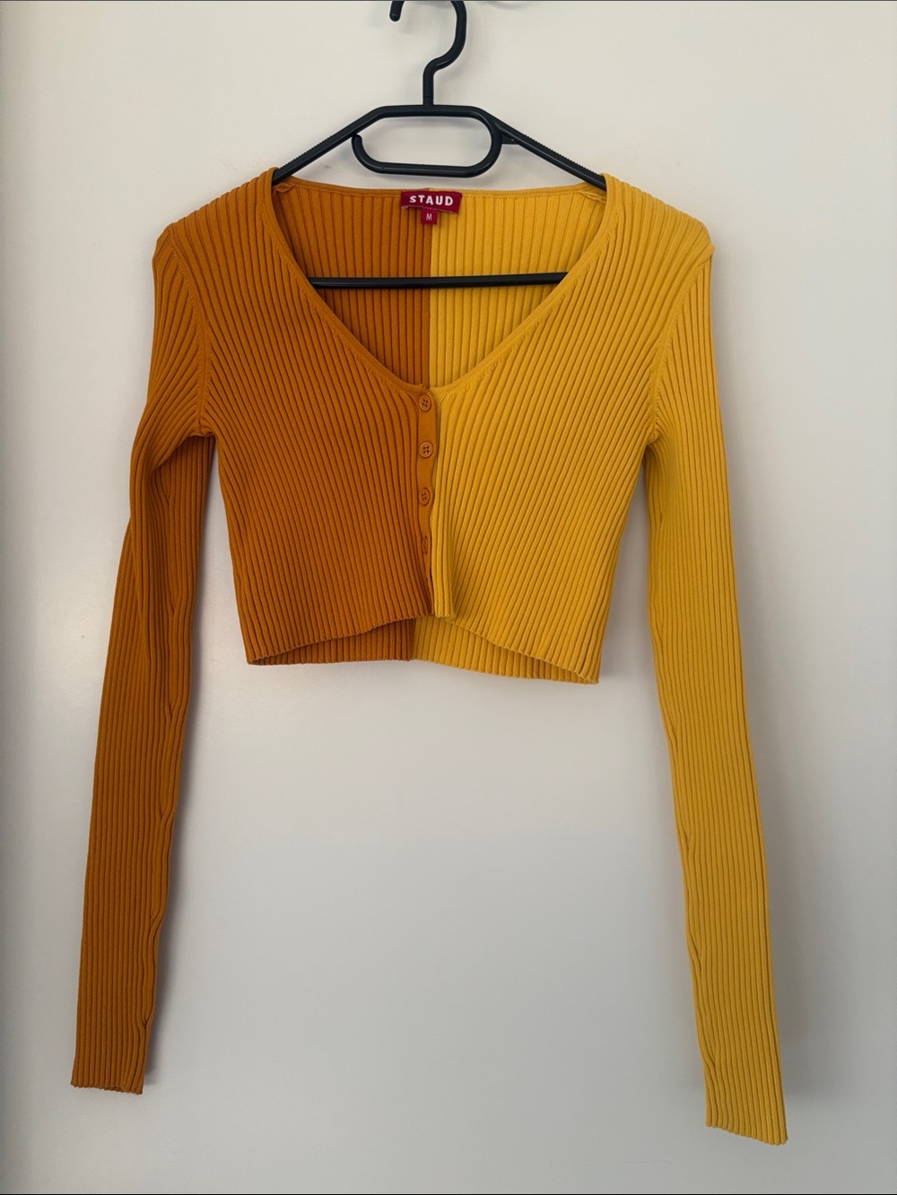 STAUD Two-Tone Ribbed Button-Front Crop Top in Mustard & Ochre